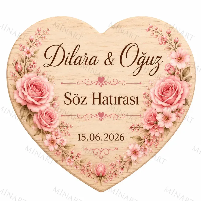 Kişiye Özel Ahşap Söz Nişan Nikah Düğün Kına Magneti, Kırmızı Detaylı Hatıra Magneti, Yuvarlak Ahşap Magnet