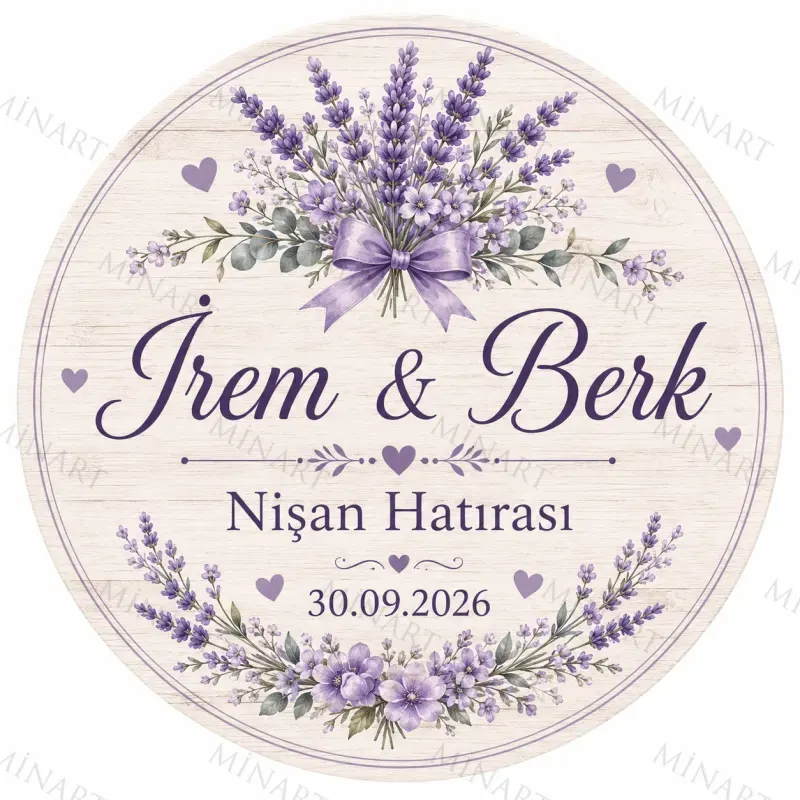Kişiye Özel Söz Nişan Nikah Düğün Kına Magneti, Mor Çiçekli Hatıra Magneti, Yuvarlak Magnet