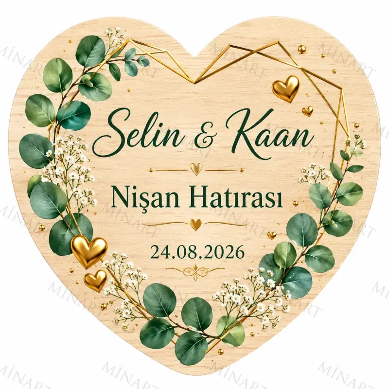 Kişiye Özel Ahşap Söz Nişan Nikah Düğün Kına Magneti, Gold Detaylı Hatıra Magneti, Kalp Ahşap Magnet