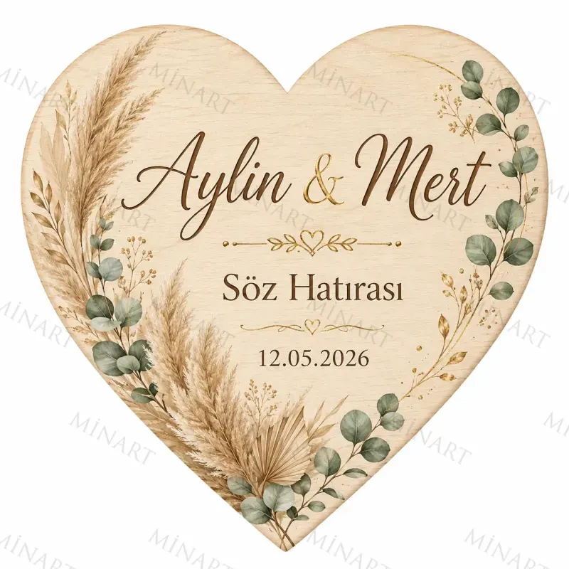 Kişiye Özel Ahşap Söz Nişan Nikah Düğün Kına Magneti, Gold Detaylı Hatıra Magneti, Kalp Ahşap Magnet