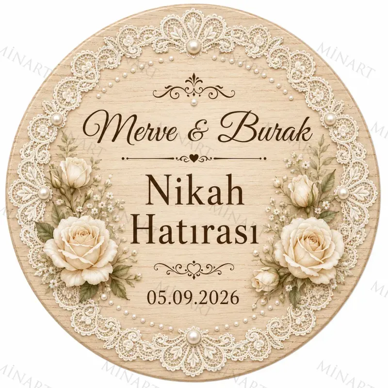 Kişiye Özel Ahşap Söz Nişan Nikah Düğün Kına Magneti, Gold Detaylı Hatıra Magneti, Yuvarlak Ahşap Magnet