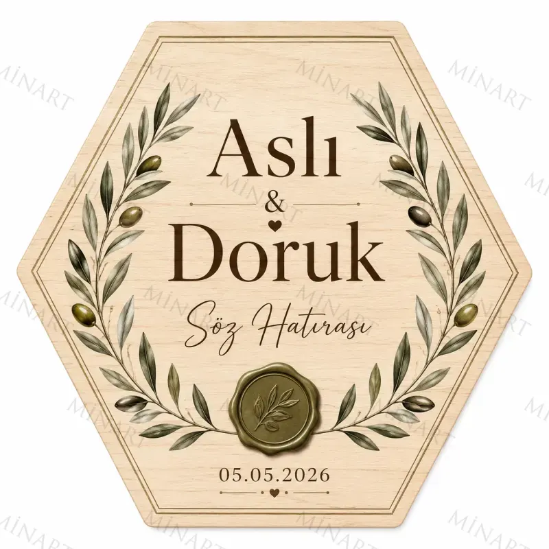 Kişiye Özel Ahşap Söz Nişan Nikah Düğün Kına Magneti, Gold Detaylı Hatıra Magneti, Yuvarlak Ahşap Magnet