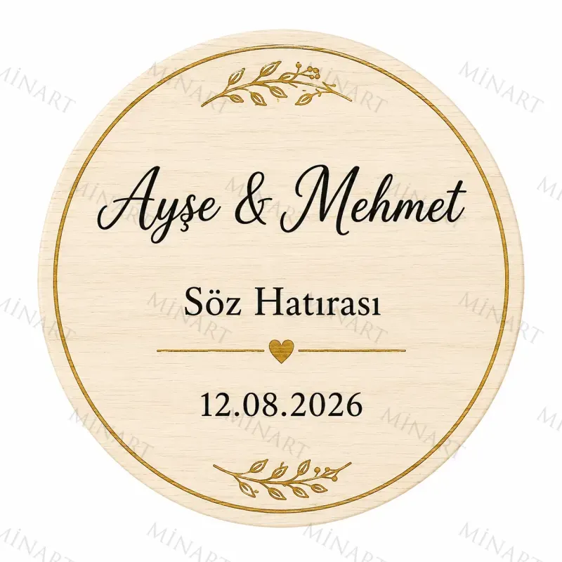 Kişiye Özel Ahşap Söz Nişan Nikah Düğün Kına Magneti, Gold Detaylı Hatıra Magneti, Yuvarlak Ahşap Magnet
