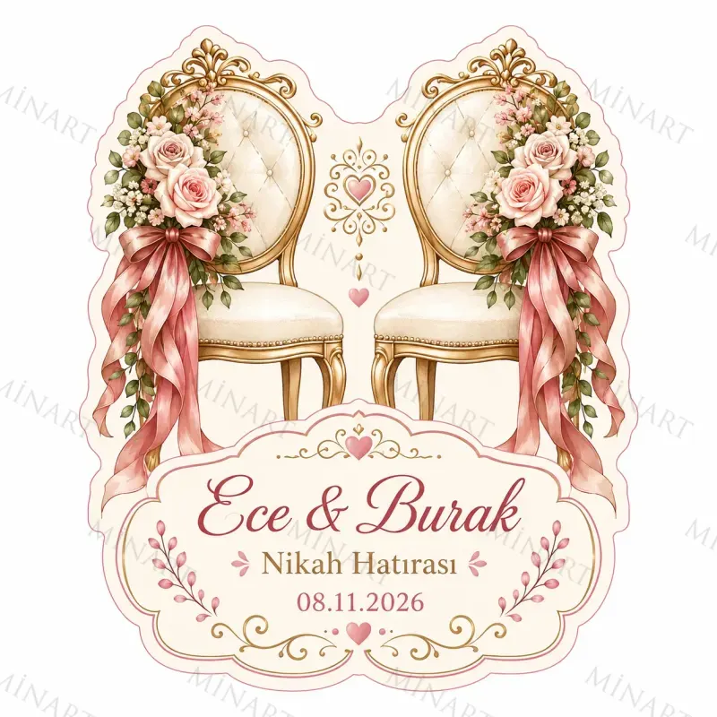 Kişiye Özel Nikah Masası Magneti, Sandalye ve Çiçek Detaylı Hatıra Magneti, Özel Kesim Magnet