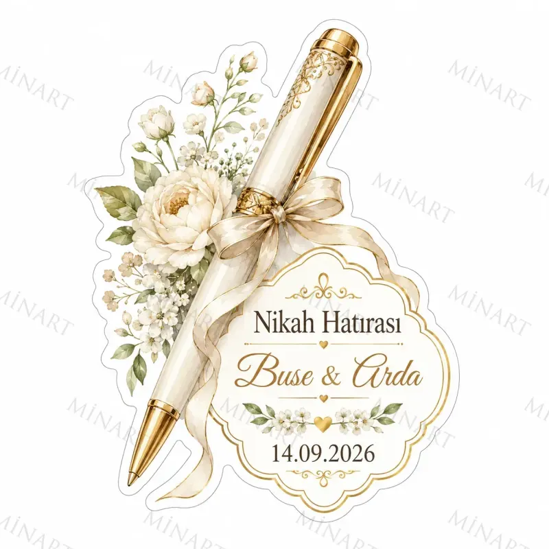 Kişiye Özel Nikah Kalemi Magneti, Beyaz Çiçekli Nikah Hatırası, Özel Kesim Magnet