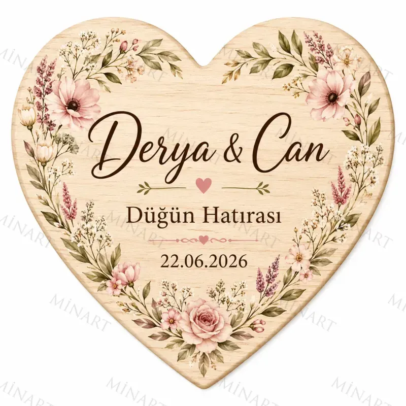 Kişiye Özel Ahşap Söz Nişan Nikah Düğün Kına Magneti, Kırmızı Detaylı Hatıra Magneti, Kalp Ahşap Magnet