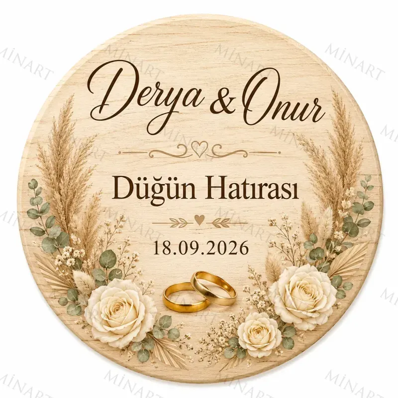 Kişiye Özel Ahşap Söz Nişan Nikah Düğün Kına Magneti, Gold Detaylı Hatıra Magneti, Yuvarlak Ahşap Magnet