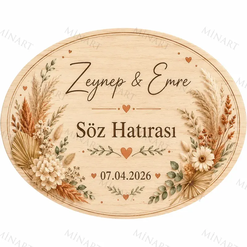 Kişiye Özel Ahşap Söz Nişan Nikah Düğün Kına Magneti, Pembe Çiçekli Hatıra Magneti, Dikdörtgen Ahşap Magnet