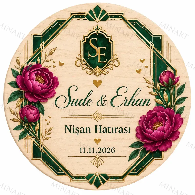 Kişiye Özel Ahşap Söz Nişan Nikah Düğün Kına Magneti, Kırmızı Detaylı Hatıra Magneti, Yuvarlak Ahşap Magnet