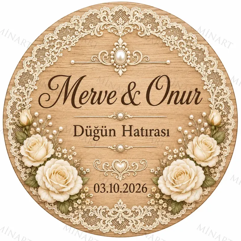Kişiye Özel Ahşap Söz Nişan Nikah Düğün Kına Magneti, Dantelli İnci ve Krem Gül Detaylı Hatıra Magneti, Yuvarlak Ahşap Magnet