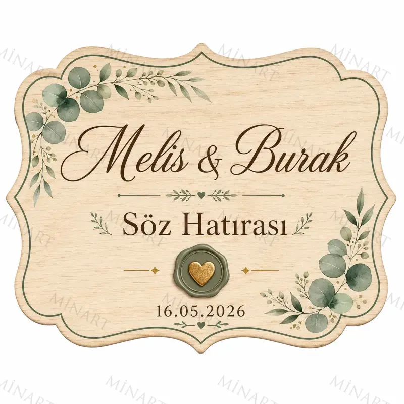 Kişiye Özel Ahşap Söz Nişan Nikah Düğün Kına Magneti, Gold Detaylı Hatıra Magneti, Dikdörtgen Ahşap Magnet