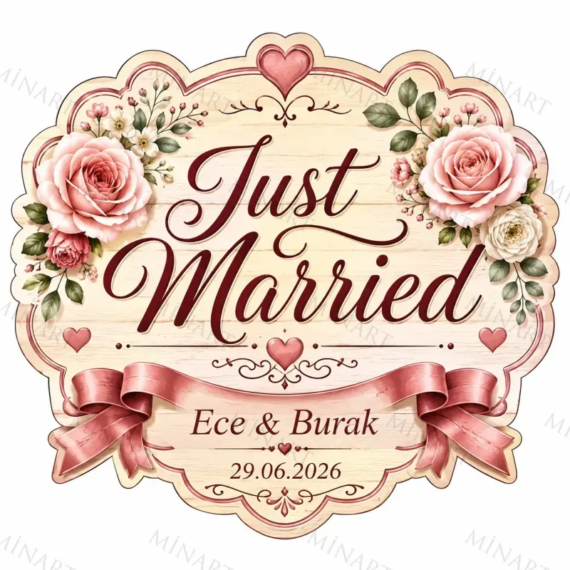 Kişiye Özel Just Married Magneti, Çiçekli Düğün Hatırası, Özel Kesim Magnet
