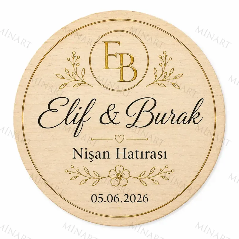 Kişiye Özel Ahşap Söz Nişan Nikah Düğün Kına Magneti, Gold Detaylı Hatıra Magneti, Yuvarlak Ahşap Magnet