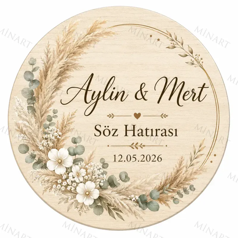 Kişiye Özel Ahşap Söz Nişan Nikah Düğün Kına Magneti, Gold Detaylı Hatıra Magneti, Yuvarlak Ahşap Magnet