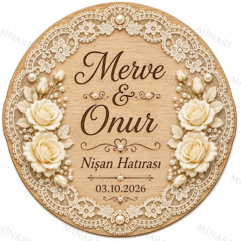 Kişiye Özel Ahşap Söz Nişan Nikah Düğün Kına Magneti, Pembe Çiçekli Hatıra Magneti, Yuvarlak Ahşap Magnet