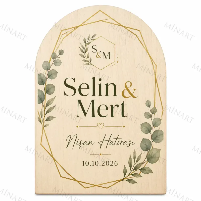 Kişiye Özel Ahşap Söz Nişan Nikah Düğün Kına Magneti, Gold Detaylı Hatıra Magneti, Özel Kesim Ahşap Magnet