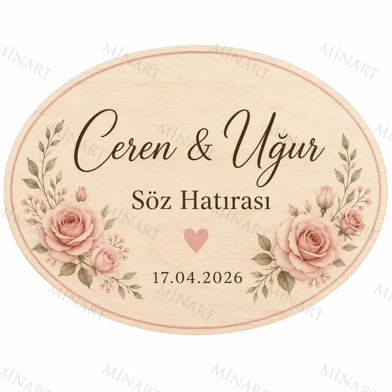 Kişiye Özel Ahşap Söz Nişan Nikah Düğün Kına Magneti, Pembe Çiçekli Hatıra Magneti, Dikdörtgen Ahşap Magnet