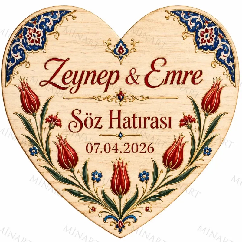 Kişiye Özel Söz Nişan Nikah Düğün Kına Magneti, Çini Desenli Mavi Kırmızı Hatıra Magneti, Kalp Magnet