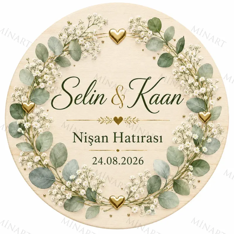 Kişiye Özel Ahşap Söz Nişan Nikah Düğün Kına Magneti, Gold Detaylı Hatıra Magneti, Yuvarlak Ahşap Magnet