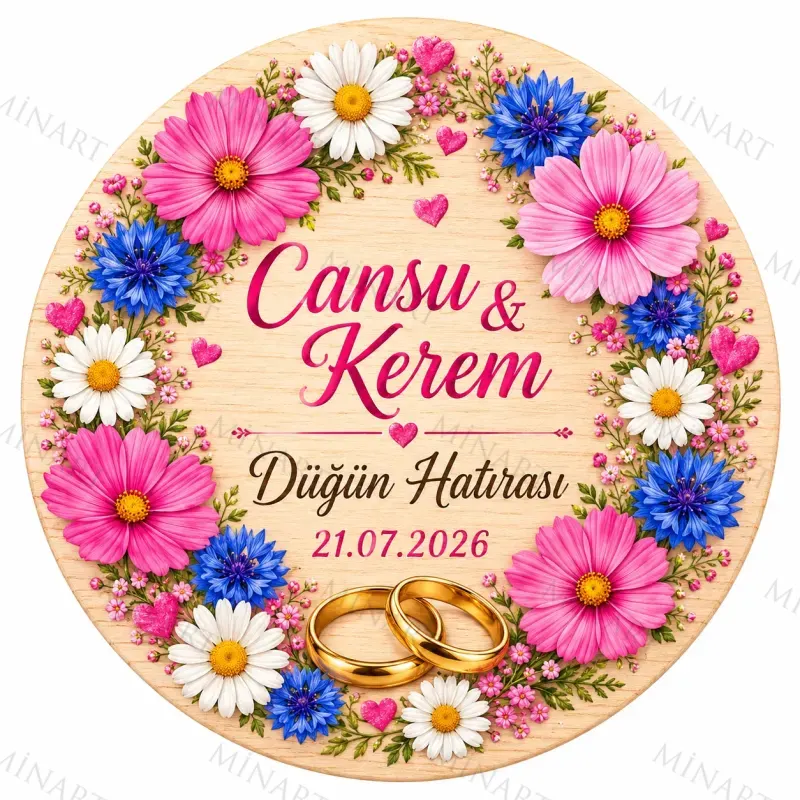 Kişiye Özel Söz Nişan Nikah Düğün Kına Magneti, Çini Desenli Mavi Kırmızı Hatıra Magneti, Yuvarlak Magnet